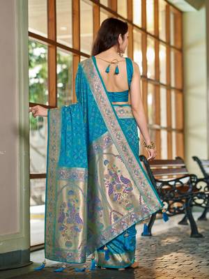 teal blue patola silk blend saree for women with zari border & blouse 2
