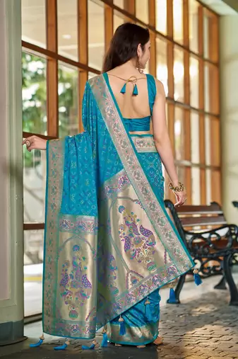 teal blue patola silk blend saree for women with zari border & blouse