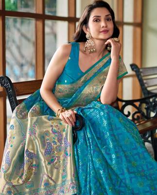 teal blue patola silk blend saree for women with zari border & blouse 3