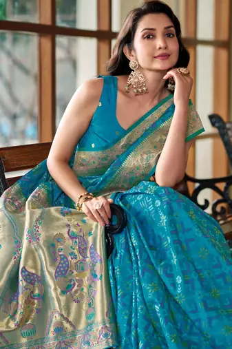 teal blue patola silk blend saree for women with zari border & blouse