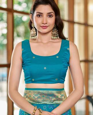 teal blue patola silk blend saree for women with zari border & blouse 4