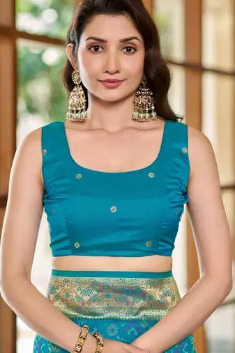 teal blue patola silk blend saree for women with zari border & blouse