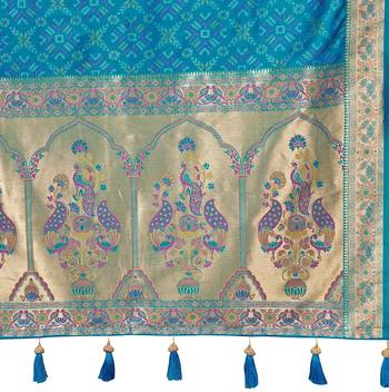 teal blue patola silk blend saree for women with zari border & blouse 5
