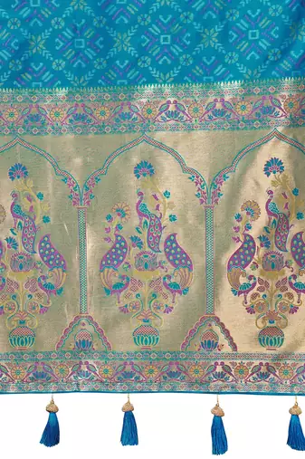 teal blue patola silk blend saree for women with zari border & blouse