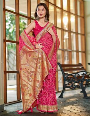 baby pink patola silk blend saree for women with zari border & blouse 1
