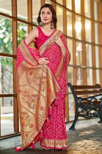 baby pink patola silk blend saree for women with zari border & blouse