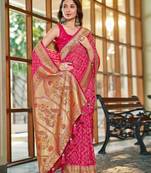 baby pink patola silk blend saree for women with zari border & blouse