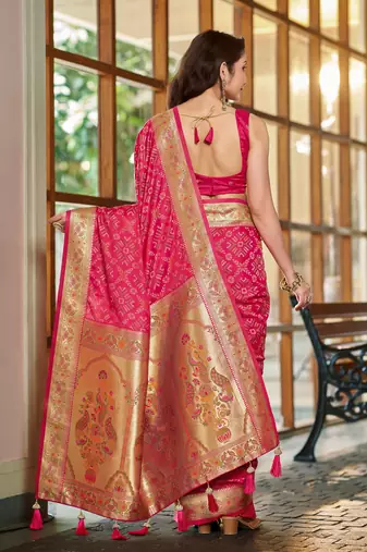 baby pink patola silk blend saree for women with zari border & blouse