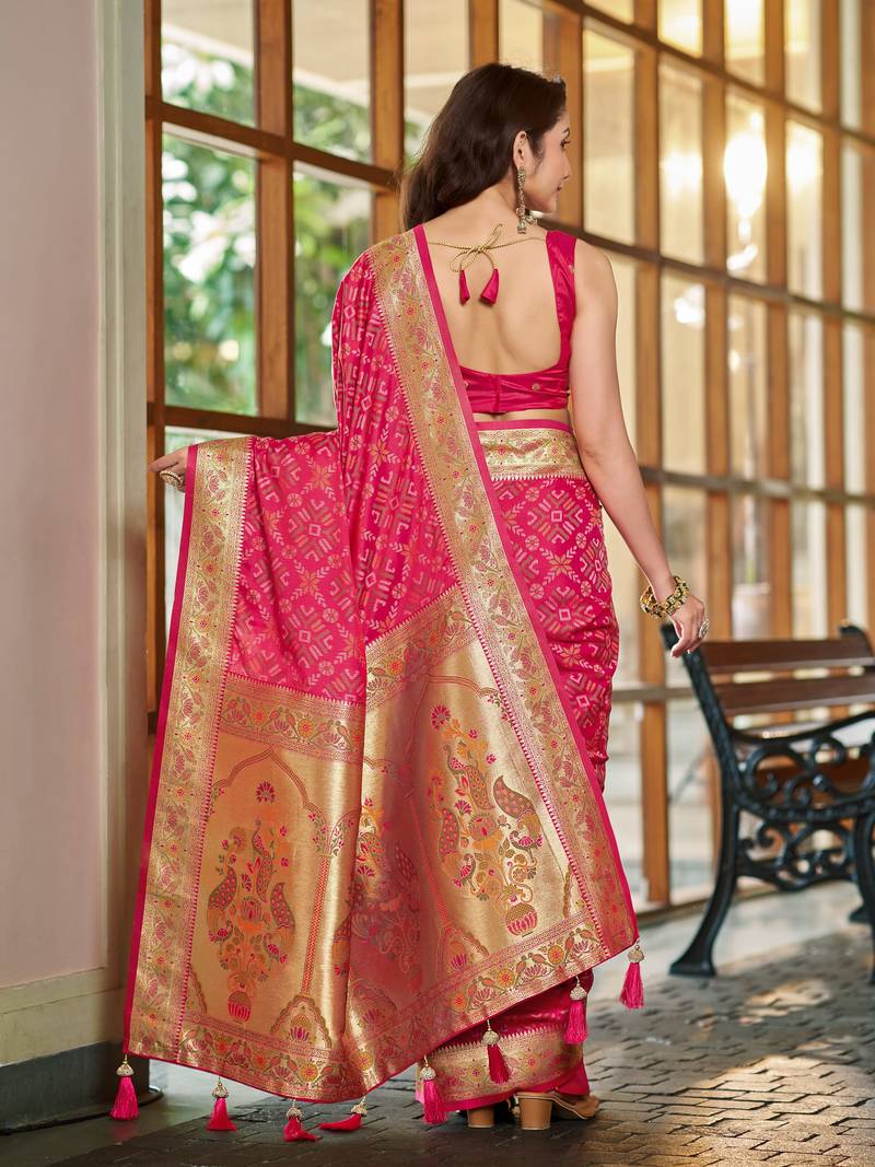 baby pink patola silk blend saree for women with zari border & blouse