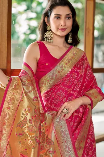 baby pink patola silk blend saree for women with zari border & blouse