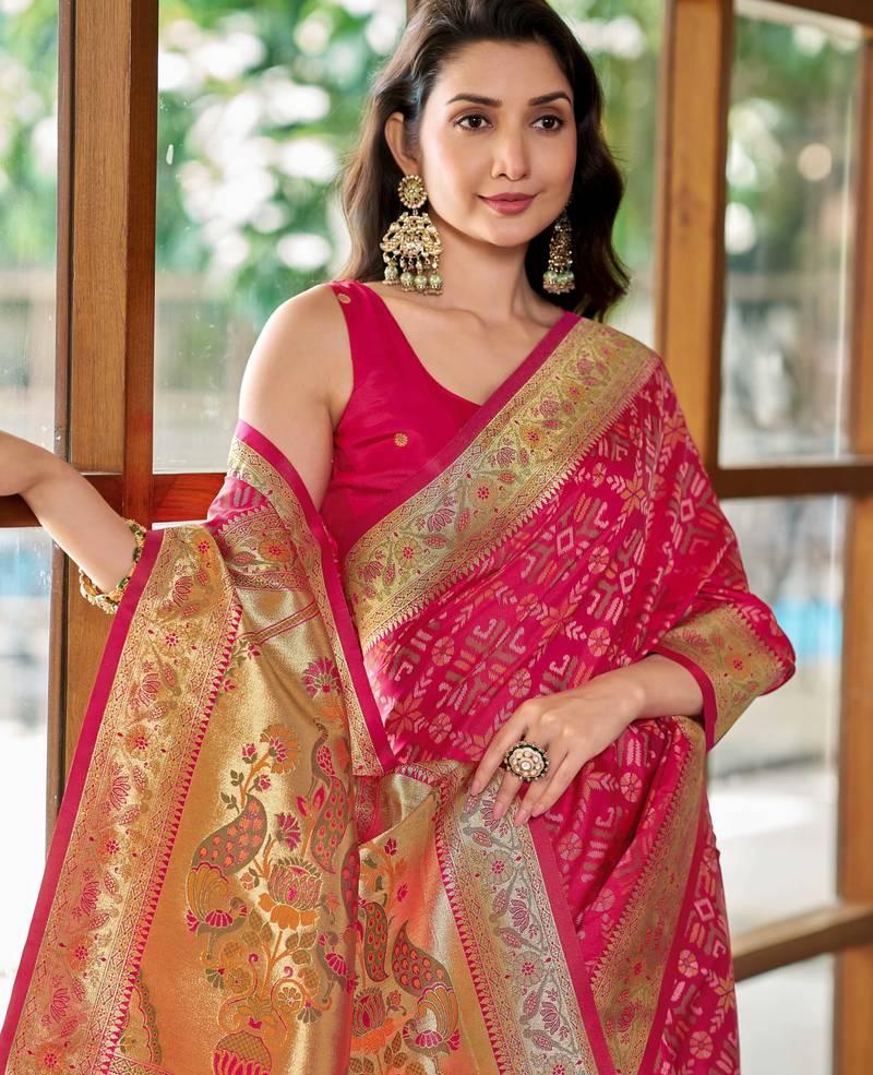 baby pink patola silk blend saree for women with zari border & blouse