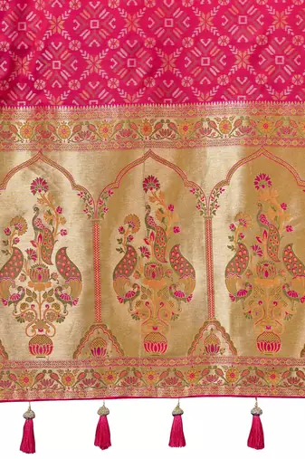 baby pink patola silk blend saree for women with zari border & blouse