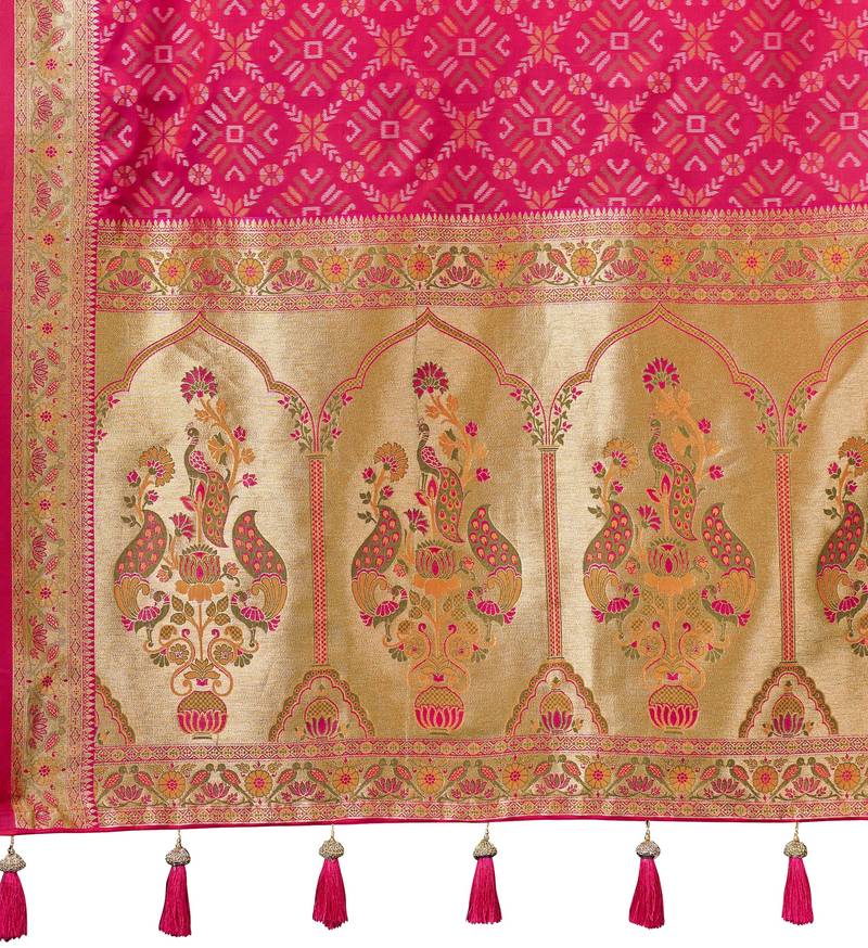 baby pink patola silk blend saree for women with zari border & blouse