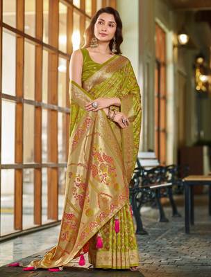 olive green patola silk blend saree for women with zari border & blouse 1