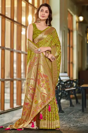 olive green patola silk blend saree for women with zari border & blouse