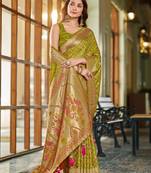 olive green patola silk blend saree for women with zari border & blouse