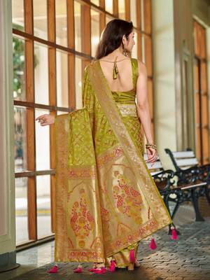 olive green patola silk blend saree for women with zari border & blouse 2