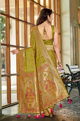 olive green patola silk blend saree for women with zari border & blouse