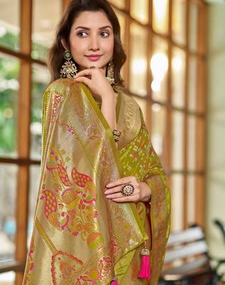 olive green patola silk blend saree for women with zari border & blouse 3