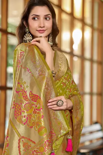 olive green patola silk blend saree for women with zari border & blouse