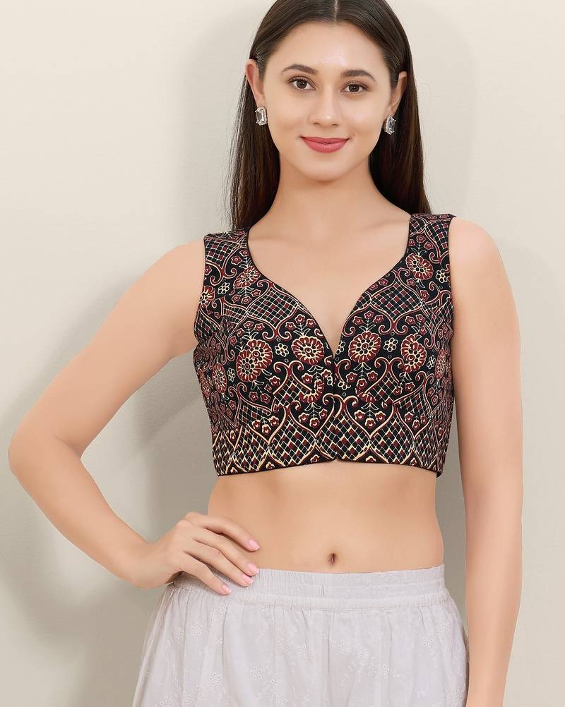 Women's cotton padded front open sleeveless saree blouse