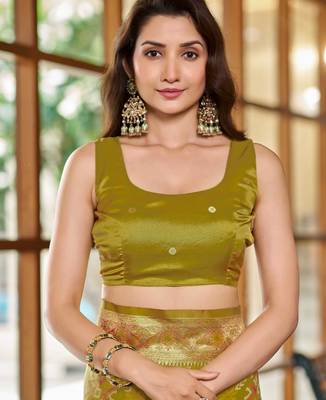 olive green patola silk blend saree for women with zari border & blouse 4