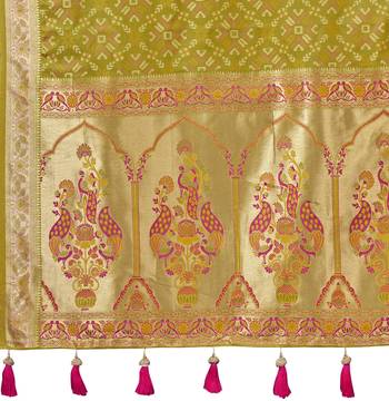 olive green patola silk blend saree for women with zari border & blouse 5