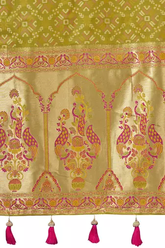 olive green patola silk blend saree for women with zari border & blouse