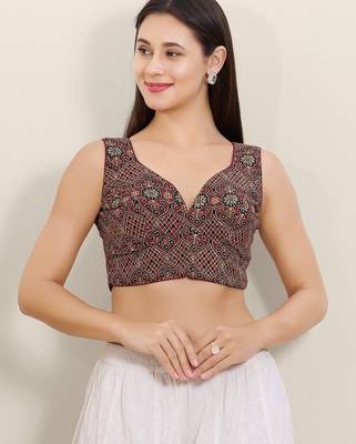 Women's cotton padded front open sleeveless saree blouse 1