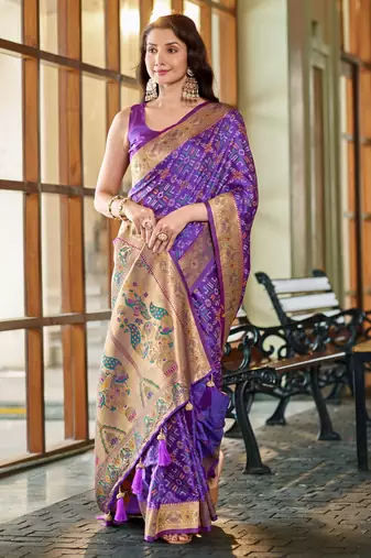 women's purple patola silk blend saree with zari border & blouse piece