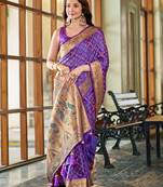 women's purple patola silk blend saree with zari border & blouse piece