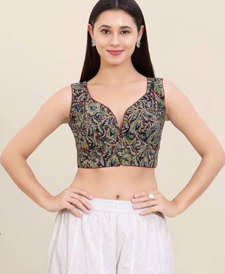 Women's cotton padded front open sleeveless saree blouse 1