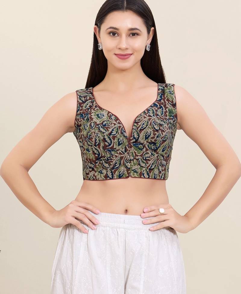 Women's cotton padded front open sleeveless saree blouse
