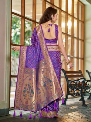 women's purple patola silk blend saree with zari border & blouse piece 2