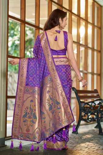 women's purple patola silk blend saree with zari border & blouse piece