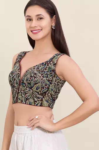 Women's cotton padded front open sleeveless saree blouse