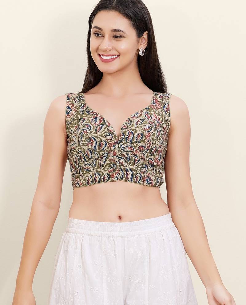 Women's cotton padded front open sleeveless saree blouse