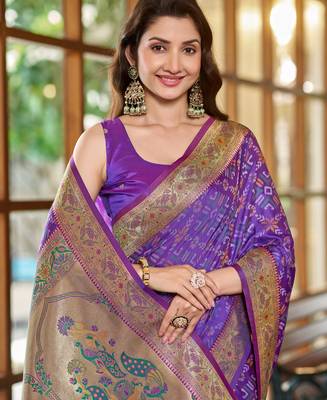 women's purple patola silk blend saree with zari border & blouse piece 3