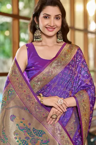 women's purple patola silk blend saree with zari border & blouse piece