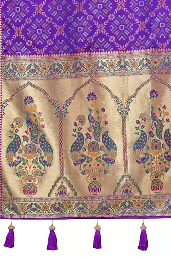 women's purple patola silk blend saree with zari border & blouse piece