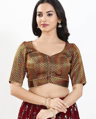 Women's brocade padded front open elbow sleeves saree blouse 1