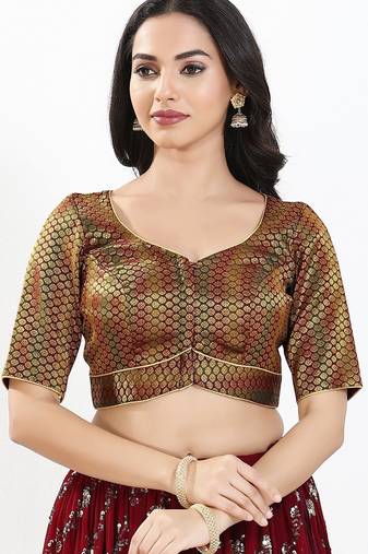 Women's brocade padded front open elbow sleeves saree blouse