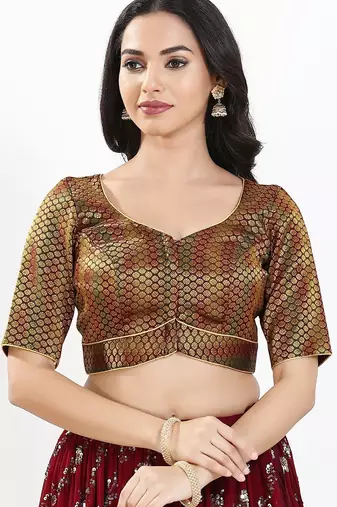 Women's brocade padded front open elbow sleeves saree blouse