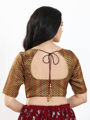 Women's brocade padded front open elbow sleeves saree blouse 2