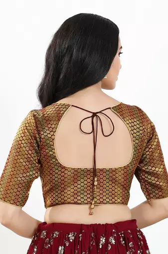 Women's brocade padded front open elbow sleeves saree blouse