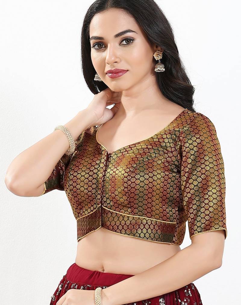 Women's brocade padded front open elbow sleeves saree blouse