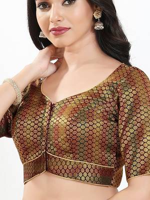 Women's brocade padded front open elbow sleeves saree blouse 4