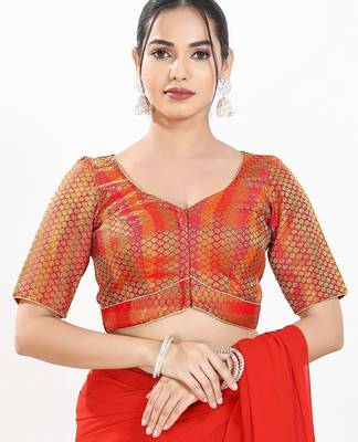 Women's brocade padded front open elbow sleeves saree blouse 1