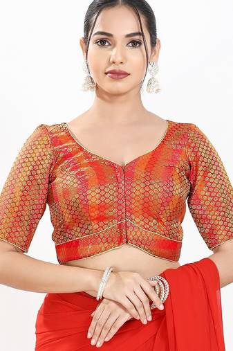 Women's brocade padded front open elbow sleeves saree blouse