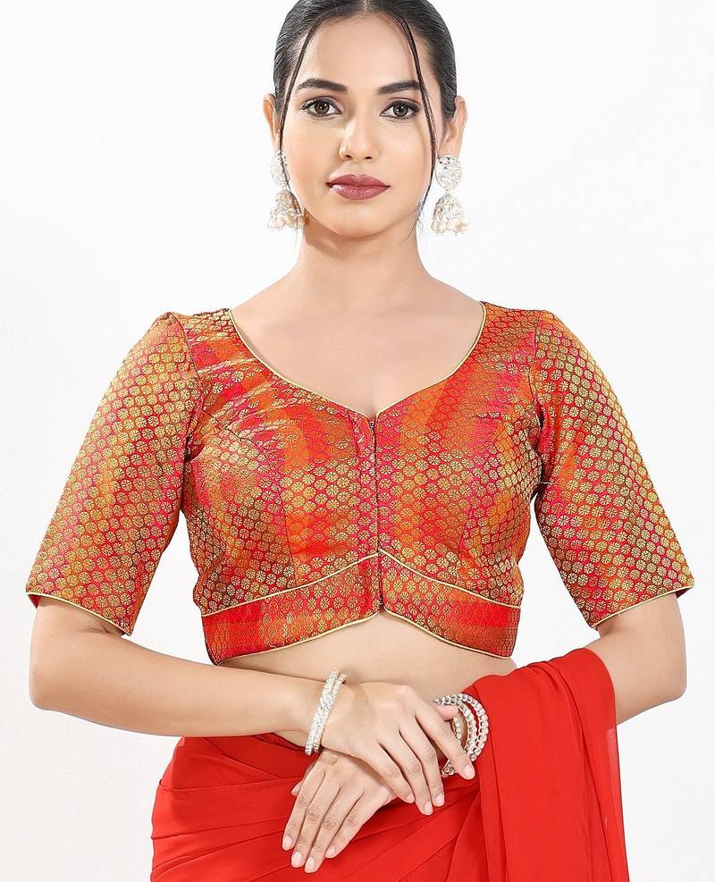 Women's brocade padded front open elbow sleeves saree blouse